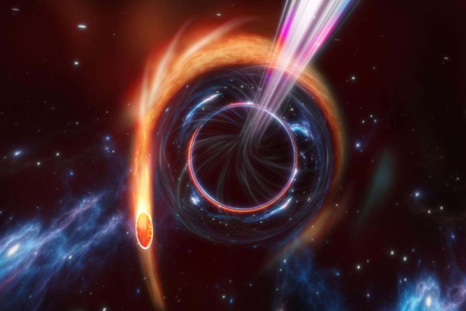 A supermassive black hole destroying a star (Carl Knox / OzGrav, ARC Centre of Excellence for Gravitational Wave Discovery / Swinburne University of Technology)