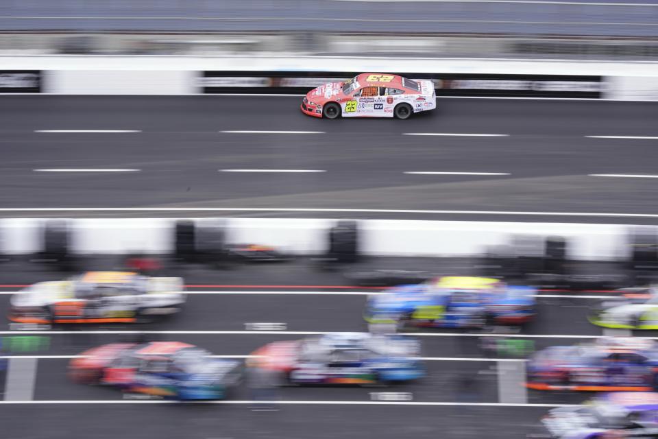 Max Gutiérrez (23) drives during qualifying for the NASCAR Mexico Series auto race at Los Angeles Memorial Coliseum Saturday, Feb. 3, 2024, in Los Angeles. (AP Photo/Mark J. Terrill)