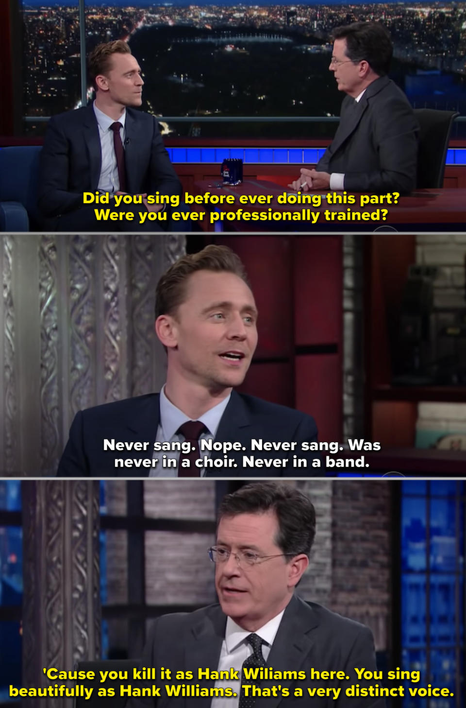 Tom singing with Stephen Colbert on his talk show