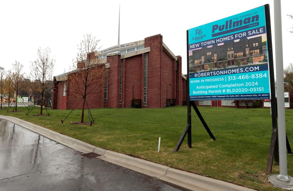 A sign at the entrance of The Townes at Pullman Parc in Detroit on Friday, April 28, 2023.