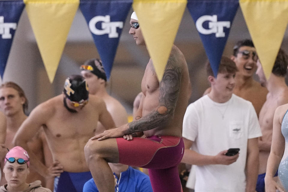 Caeleb Dressel waits to swim the men's 100 butterfly during the Speedo Atlanta Classic finals Friday, May 12, 2023, in Atlanta. (AP Photo/Brynn Anderson)