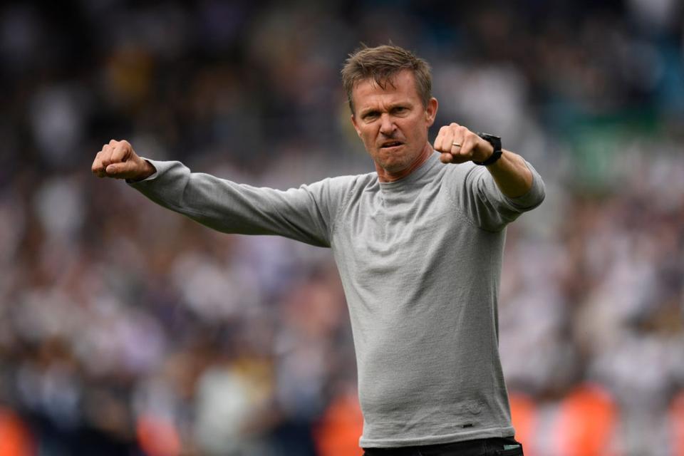 Jesse Marsch gestures to Leeds supporters after salvaging a point against Brighton (AFP via Getty Images)