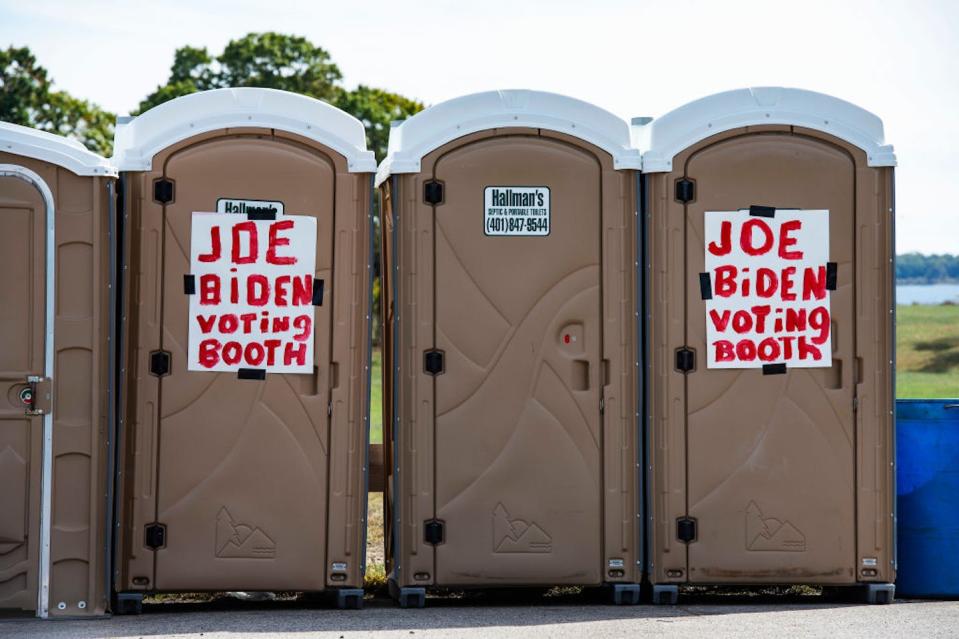 Joe Biden is targeted with some good old-fashioned toilet humor. <a href="https://www.gettyimages.com/detail/news-photo/toilets-labels-joe-biden-voting-booth-sit-at-a-trump-news-photo/1229014777?adppopup=true" rel="nofollow noopener" target="_blank" data-ylk="slk:Joseph Prezioso/AFP via Getty Images;elm:context_link;itc:0;sec:content-canvas" class="link ">Joseph Prezioso/AFP via Getty Images</a>