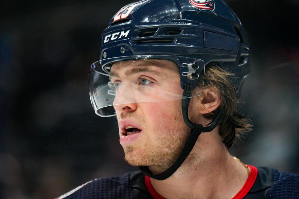 Sep 25, 2022; Columbus, Ohio, United States;  Columbus Blue Jackets defenseman Jake Christiansen (23) looks out into the rink in a pause in play during the first period of the preseason game at Nationwide Arena. Mandatory Credit: Joseph Scheller-The Columbus Dispatch