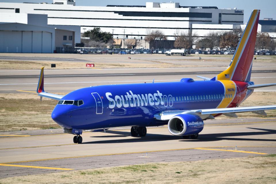 Southwest Airlines plane on the runway at Love Field in Dallas, TX