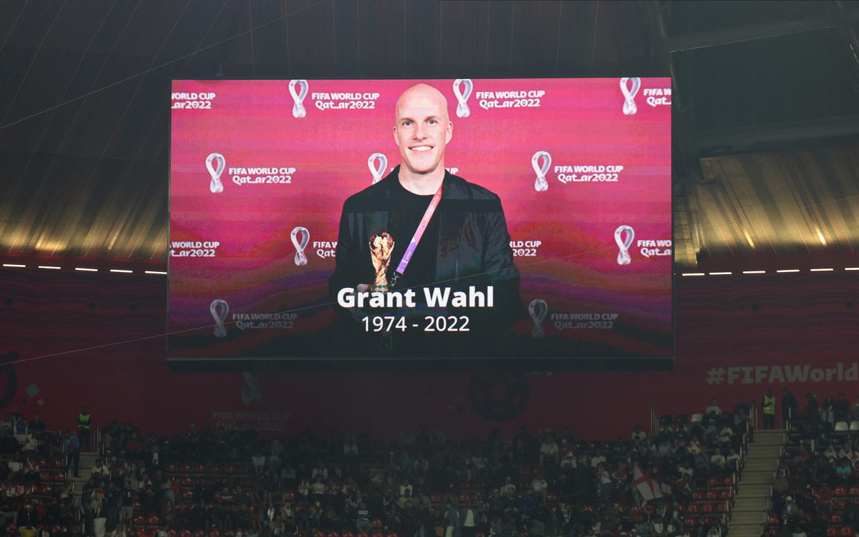 AL KHOR, QATAR - DECEMBER 10: Stadium announcement that US Journalist Grant Wahl has died before the FIFA World Cup Qatar 2022 quarter final match between England and France at Al Bayt Stadium on December 10, 2022 in Al Khor, Qatar. (Photo by Richard Sellers/Getty Images)