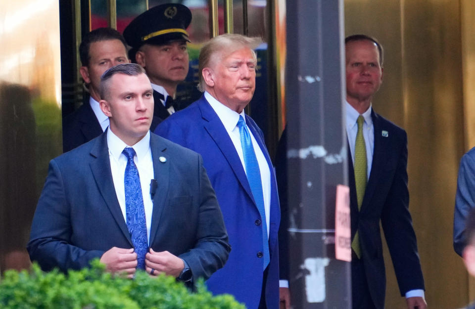 Donald Trump departs Trump tower on April 13, 2023, in New York City.  / Credit: Gotham/GC Images