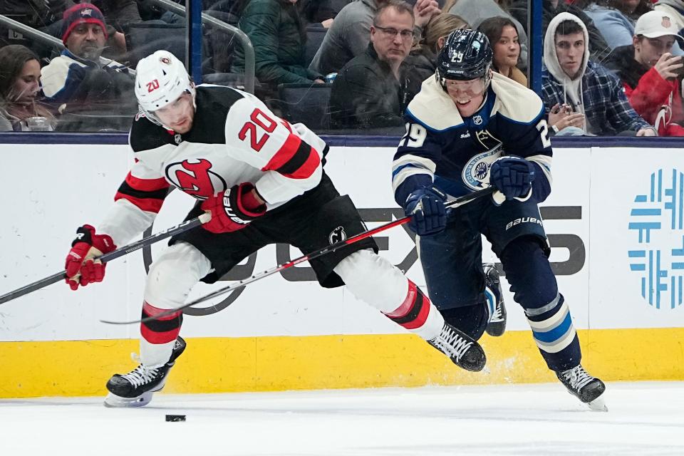 Blue Jackets winger Patrik Laine, right, lost the early part of his season to elbow and ankle injuries.