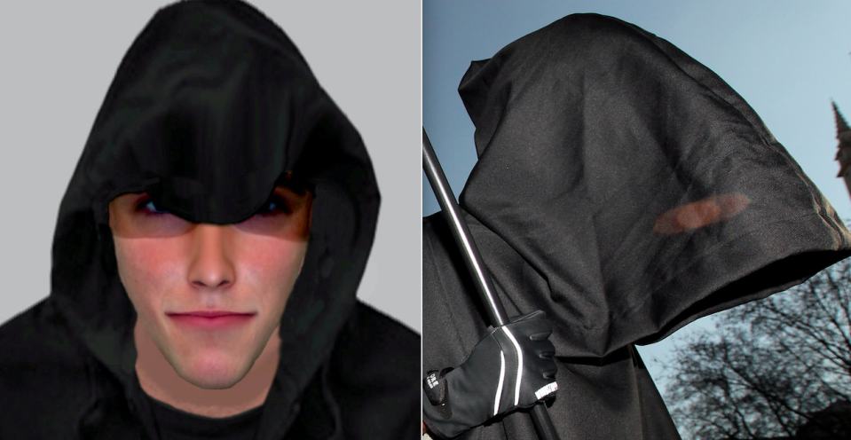 <em>Police were mocked after releasing an e-fit (left) that bore a striking resemblance to the Grim Reaper (SWNS/Getty)</em>