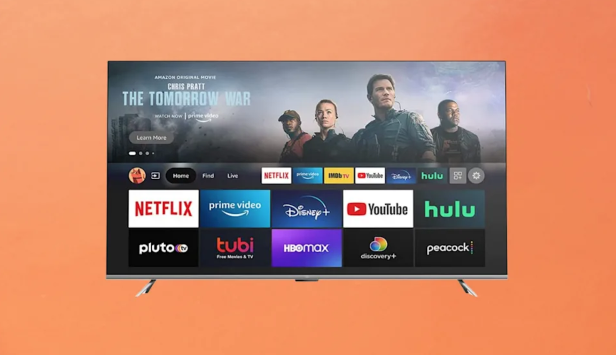 A large flat screen TV showing apps on home screen like Netflix, Disney+, Hulu and more