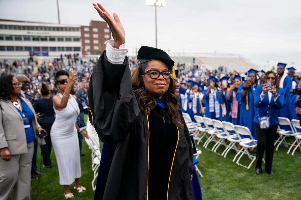 Keynote speaker Oprah Winfrey waves as she arrives for the 2023 Spring commencement ceremony at Tennessee State University in Nashville, Tenn., Saturday, May 6, 2023.