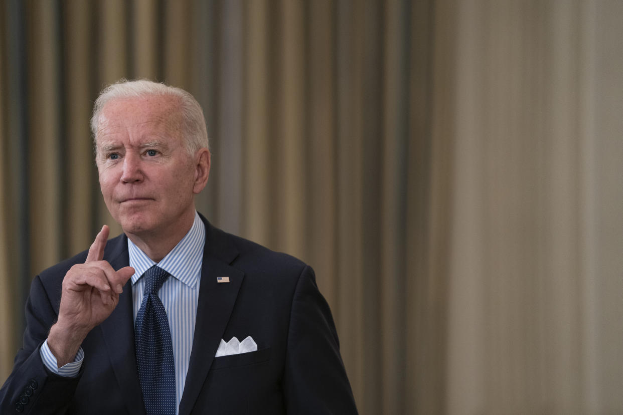 U.S. President Joe Biden speaks in the State Dining Room of the White House in Washington, D.C., U.S., on Tuesday, May 4, 2021. (Alex Edelman/CNP/Bloomberg via Getty Images)
