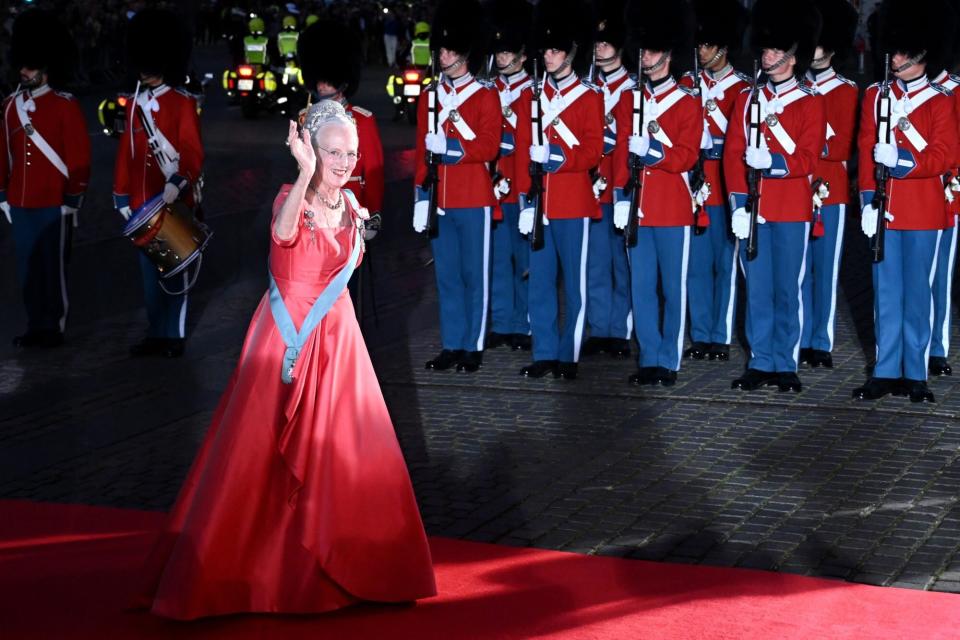 COPENHAGEN, DENMARK - SEPTEMBER 10: Queen Margrethe II of Denmark arrives for a command performance at the Royal Theatreâs Old Stage during the celebrations of the 50th anniversary of her accession to the throne in Copenhagen, Denmark, on September 10, 2022. After the death of Queen Elizabeth II, Queen Margrethe II is now Europeâs longest-ruling monarch. The Danish royal was proclaimed queen on 15 January 1972. (Photo by SERGEI GAPON/Anadolu Agency via Getty Images)