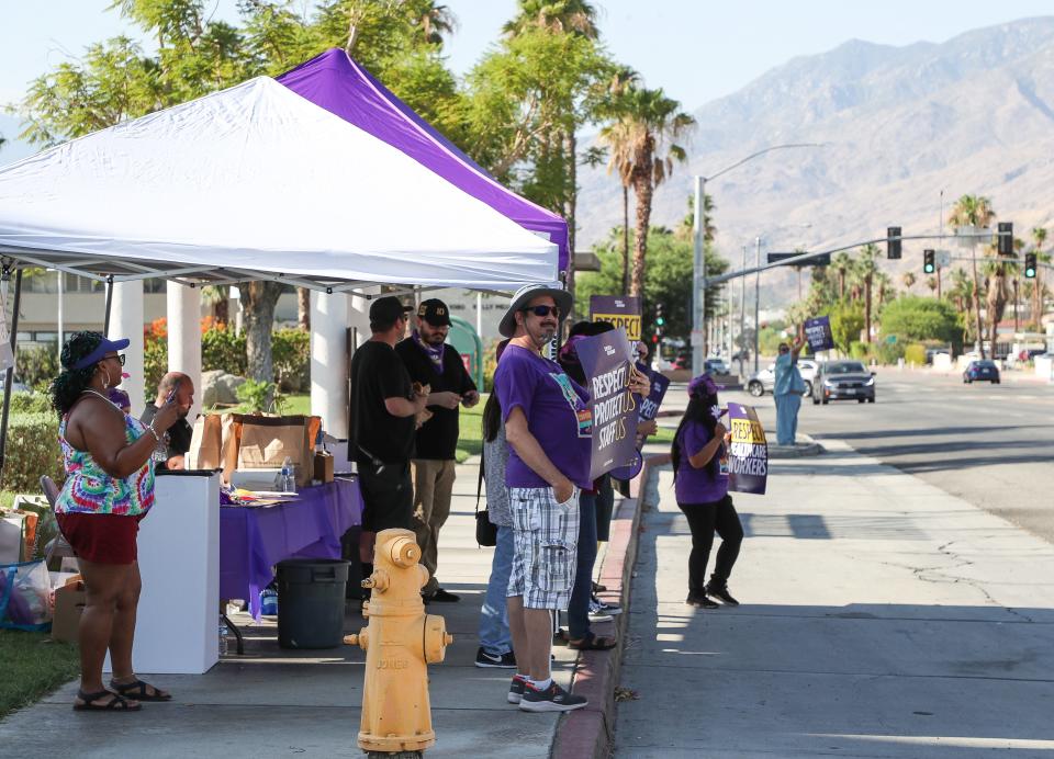 Healthcare workers picket outside of Desert Regional Medical Center in Palm Springs on July 25.
