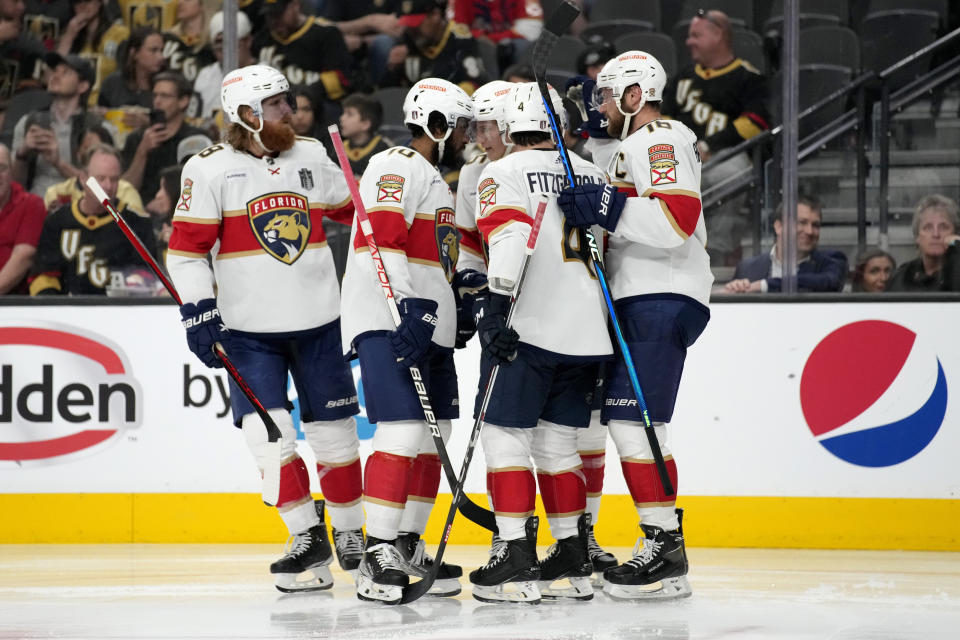 Florida Panthers center Anton Lundell celebrates his goal with teammates during the third period of Game 2 of the NHL hockey Stanley Cup Finals against the Vegas Golden Knights, Monday, June 5, 2023, in Las Vegas. (AP Photo/John Locher)