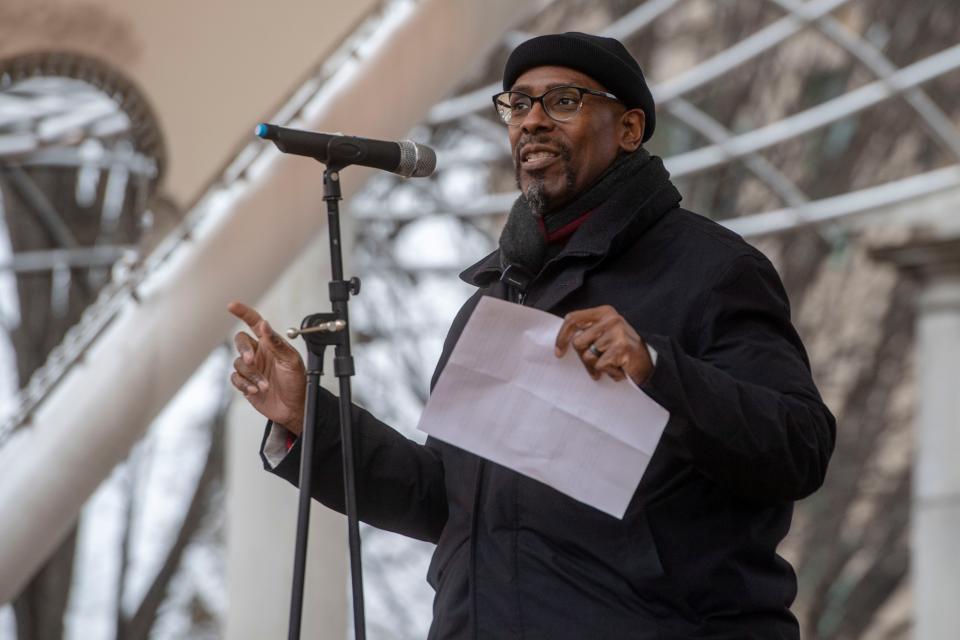 Jonathan McCoy, director of the Center for Diversity, Equity and Inclusion at Mars Hill University, leads the MLK Day rally at Pack Square Park, January 15, 2024.