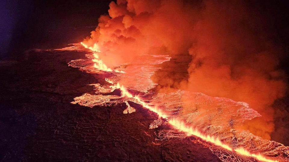 Icelanders flocked to the Sundhnjúkar crater on Monday evening after a 4km fissure opened up (via REUTERS)