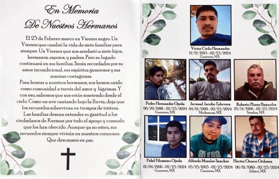 Los siete trabajadores agrícolas que murieron en un accidente el 23 de febrero en una carretera rural del condado de Madera fueron recordados durante una misa y servicio fúnebre en la sala de usos múltiples de Kerman High School, el 9 de marzo de 2023.