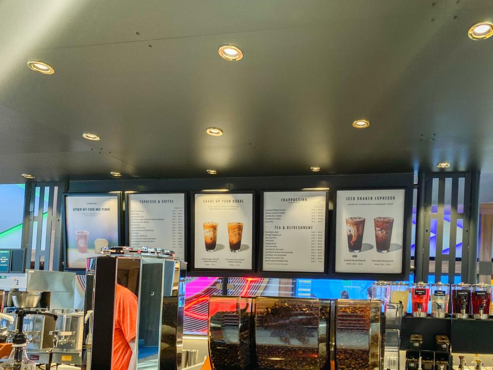 A view of the menu at a Starbucks on a cruise ship