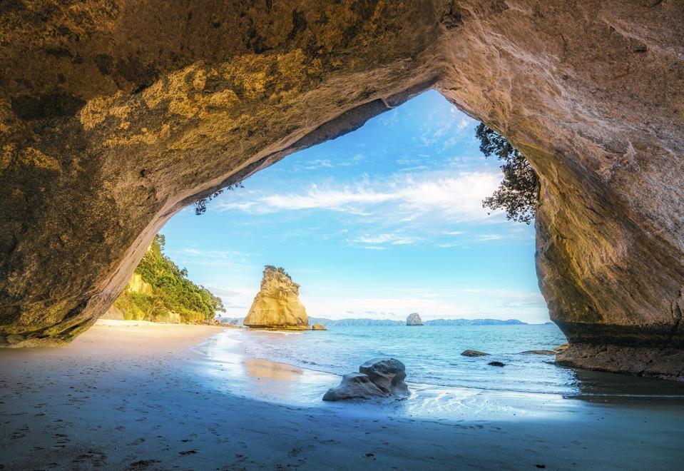 view from the cave at cathedral cove,coromandel,new zealand