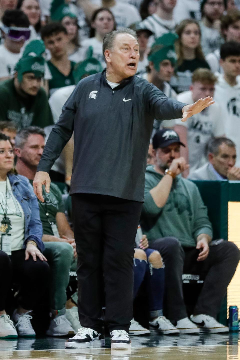 Michigan State head coach Tom Izzo reacts to a play against Northwestern during the second half at Breslin Center in East Lansing on Wednesday, March 6, 2024.