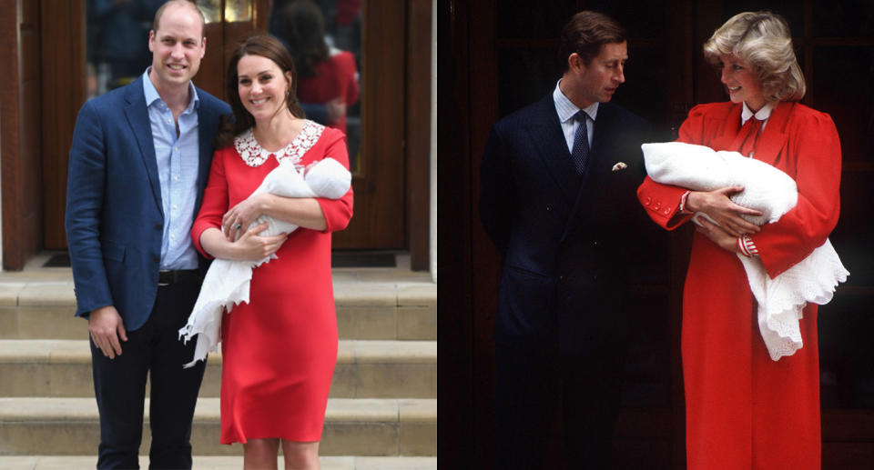 The Duchess of Cambridge paid tribute to Princess Diana in a red, collared frock. <i>(Getty Images)</i>