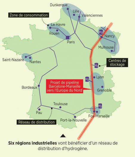 Six régions industrielles vont bénéficier d\'un réseau de distribution d\'hydrogène. Crédit : BRUNO BOURGEOIS - SOURCE CARTE : GRT GAZ