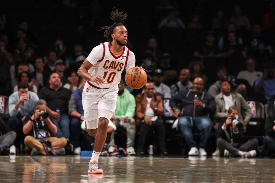 Apr 12, 2022; Brooklyn, New York, USA; Cleveland Cavaliers guard Darius Garland (10) dribbles up court  against the Brooklyn Nets during the first quarter at Barclays Center. Mandatory Credit: Vincent Carchietta-USA TODAY Sports