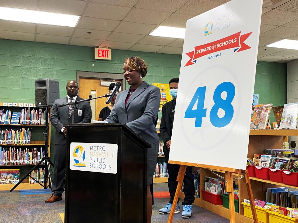 Principal Latoya Cobb addresses the audience at a news conference announcing which Metro Nashville Public Schools were awarded a "reward" designation this year by the Tennessee Department of Education on Monday, Sept. 12, 2022, at Amqui Elementary School in Madison, Tennessee. Amqui exited "priority" status this year due to student and school achievement improvements.