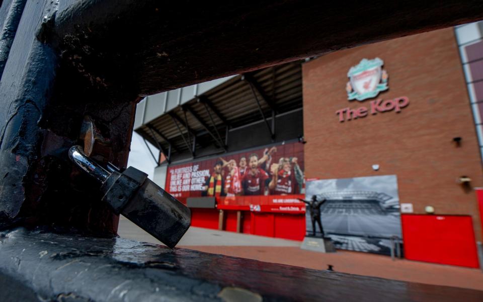 A general view of the locked gate outside the KOP stand at Liverpool FC Stadium, at Anfield, Liverpool, Britain, 23 May 2020 - Liverpool to refund season ticket holders for remaining four Premier League matches - SHUTTERSTOCK