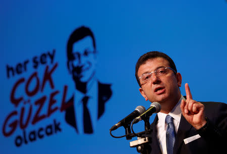 Ekrem Imamoglu, main opposition Republican People's Party (CHP) Istanbul mayoral candidate, speaks during his campaign coordination meeting in Istanbul, Turkey, May 22, 2019. REUTERS/Murad Sezer