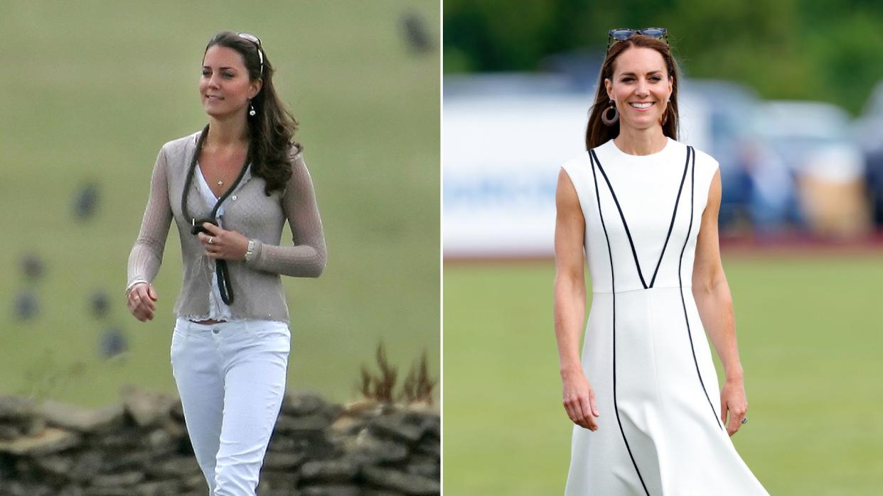  Composite of Kate Middleton wearing white jeans in 2006 and her at the Out-Sourcing Inc. Royal Charity Polo Cup in 2022. 