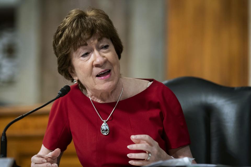 FILE - In this June 30, 2020, file photo, Sen. Susan Collins, R-Maine, speaks during a Senate Health, Education, Labor and Pensions Committee hearing on Capitol Hill in Washington. Collins is once again in a pressure cooker over an issue riveting the nation. This time it's the battle over President Donald Trump’s effort to replace the late Justice Ruth Bader Ginsburg on the Supreme Court. (Al Drago/Pool via AP, File)