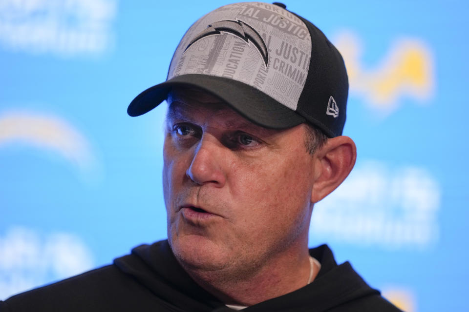 Los Angeles Chargers interim head coach Giff Smith answers questions after an NFL football game against the Buffalo Bills, Saturday, Dec. 23, 2023, in Inglewood, Calif. (AP Photo/Ryan Sun)