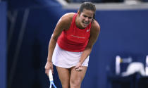 Julia Goerges, of Germany, reacts during her match againsts Donna Vekic, of Croatia, during the fourth round of the US Open tennis championships Monday, Sept. 2, 2019, in New York. (AP Photo/Sarah Stier)