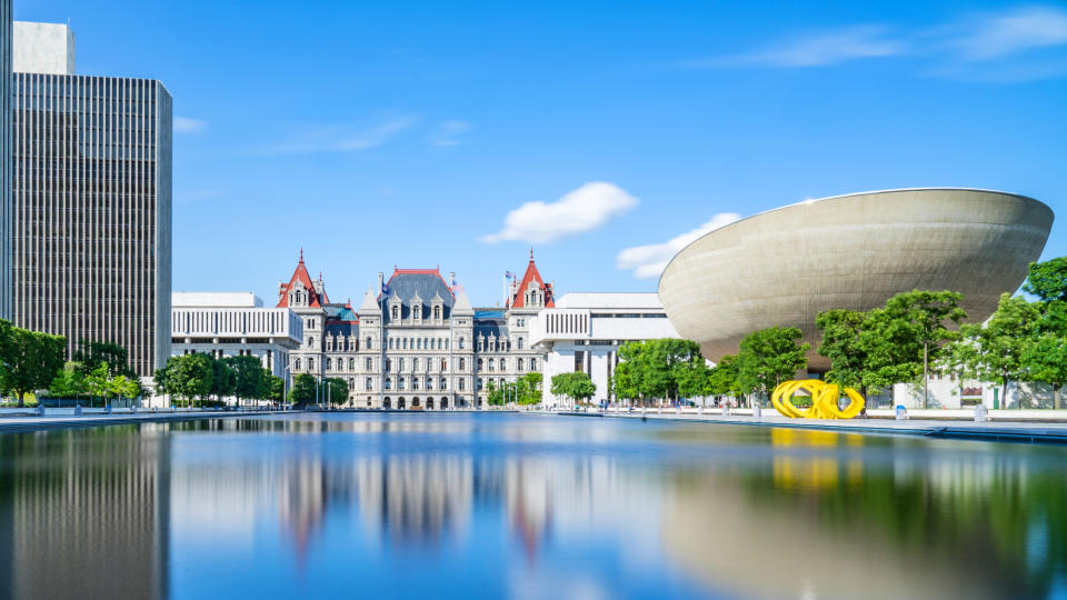 Albany, NY, USA - June 28, 2017: Reflection on the Empire State Plaza in Albany, New York.