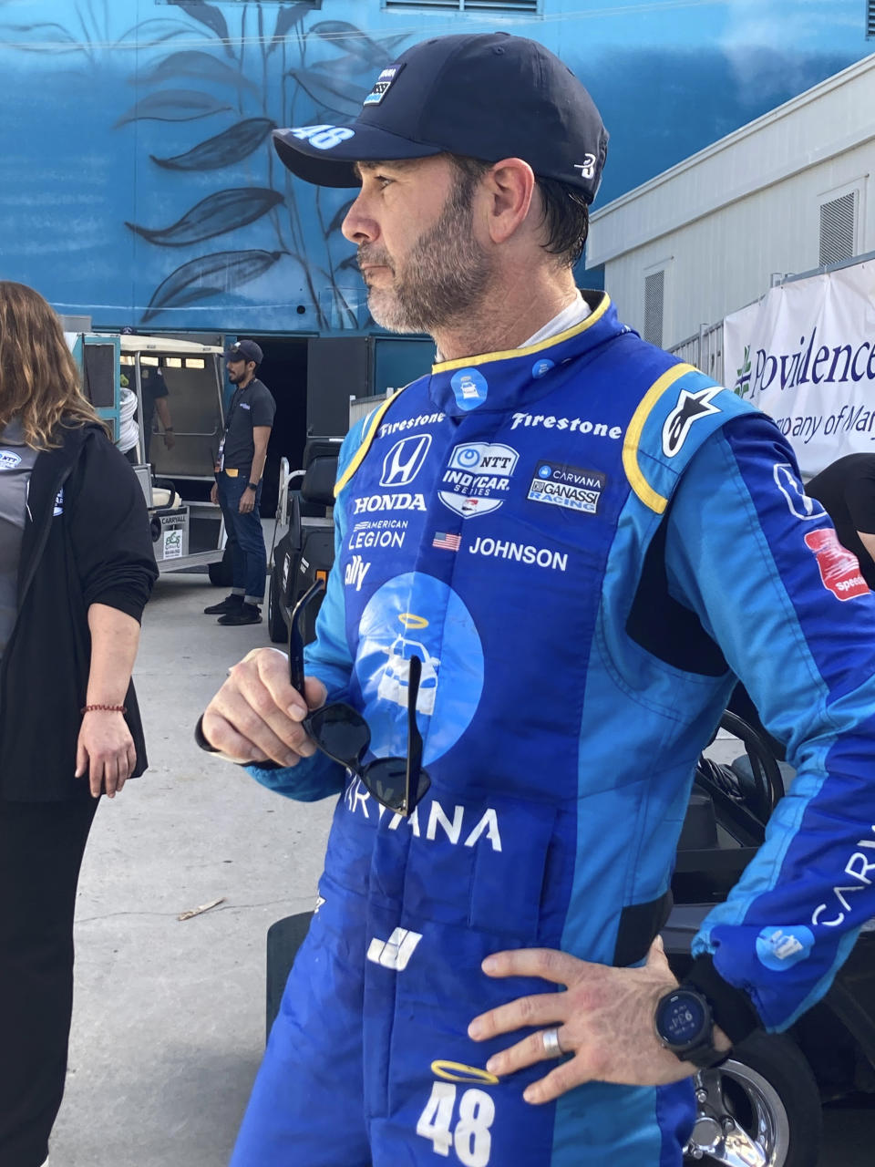 Jimmie Johnson prepares for practice at the Grand Prix of Long Beach, Calif., on Saturday, April 9, 2022. Johnson fractured his hand in a crash on Friday and was fitted with a carbon fiber splint that he tested in Saturday practice. (AP Photo/Jenna Fryer)