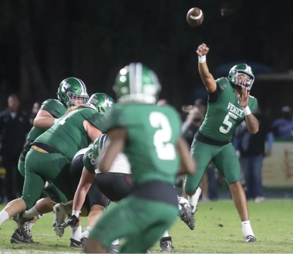 Venice quarterback Jadyn Glasser releases a throw to wide receiver Cj Lewis during the team's 49-23 victory over Riverview last week in the Class 4 Suburban-Region 4 title game at Powell-Davis Stadium in Venice.