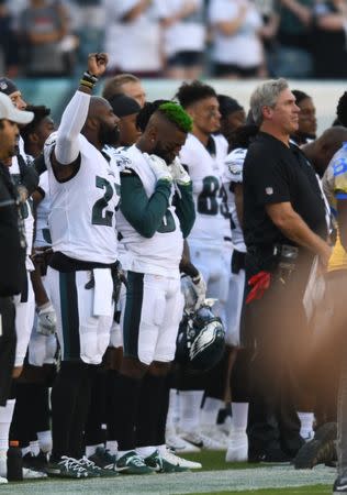 Aug 9, 2018; Philadelphia, PA, USA; Philadelphia Eagles defensive back Malcolm Jenkins (27) raises his fist during the national anthem before the start of the preseason game against the Pittsburgh Steelers at Lincoln Financial Field. James Lang-USA TODAY Sports