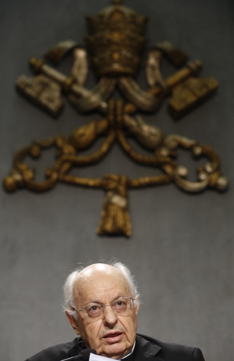 Brazilian Cardinal Claudio Hummes, General Rapporteur for the Synod of Bishops for the Pan-Amazon region, speaks during a press conference announcing the synod, at the Vatican, Thursday, Oct. 3, 2019. The meeting, which opens on Oct. 6, will discuss social and environmental problems faced by the inhabitants of the Amazon, including the increasing rate of deforestation in the region. (AP Photo/Domenico Stinellis)