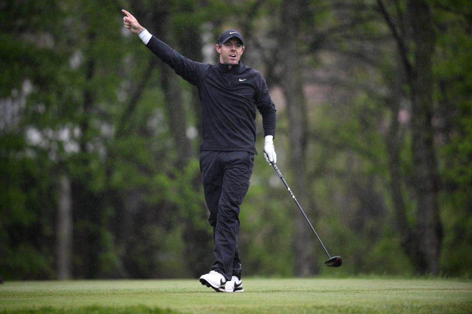 Rory McIlroy, of Northern Ireland, calls out his shot after hitting off the 15th tee during the second round of the Wells Fargo Championship golf tournament, Friday, May 6, 2022, at TPC Potomac at Avenel Farm golf club in Potomac, Md. (AP Photo/Nick Wass)