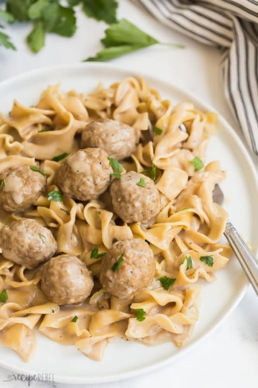 <p>The Recipe Rebel</p><p>These Instant Pot Swedish meatballs and noodles are easy one-pot meals made in the pressure cooker! Made in 30 minutes or less.</p><p><strong>Get the recipe: <a href="https://www.thereciperebel.com/instant-pot-swedish-meatballs/" rel="nofollow noopener" target="_blank" data-ylk="slk:Instant Pot Swedish Meatballs and Noodles;elm:context_link;itc:0;sec:content-canvas" class="link rapid-noclick-resp">Instant Pot Swedish Meatballs and Noodles</a></strong></p>