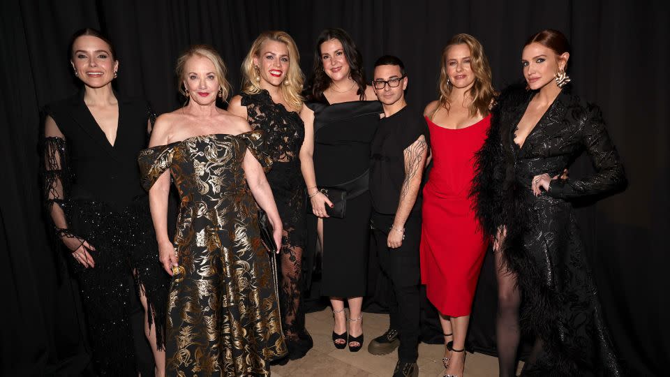 Sophia Bush, J. Smith-Cameron, Busy Philipps, Melanie Lynskey, Alicia Silverstone and Ashlee Simpson at The Plaza Hotel for Christian Siriano's (third from right) runway show on February 8. - Jamie McCarthy/Getty Images for Christian Siriano