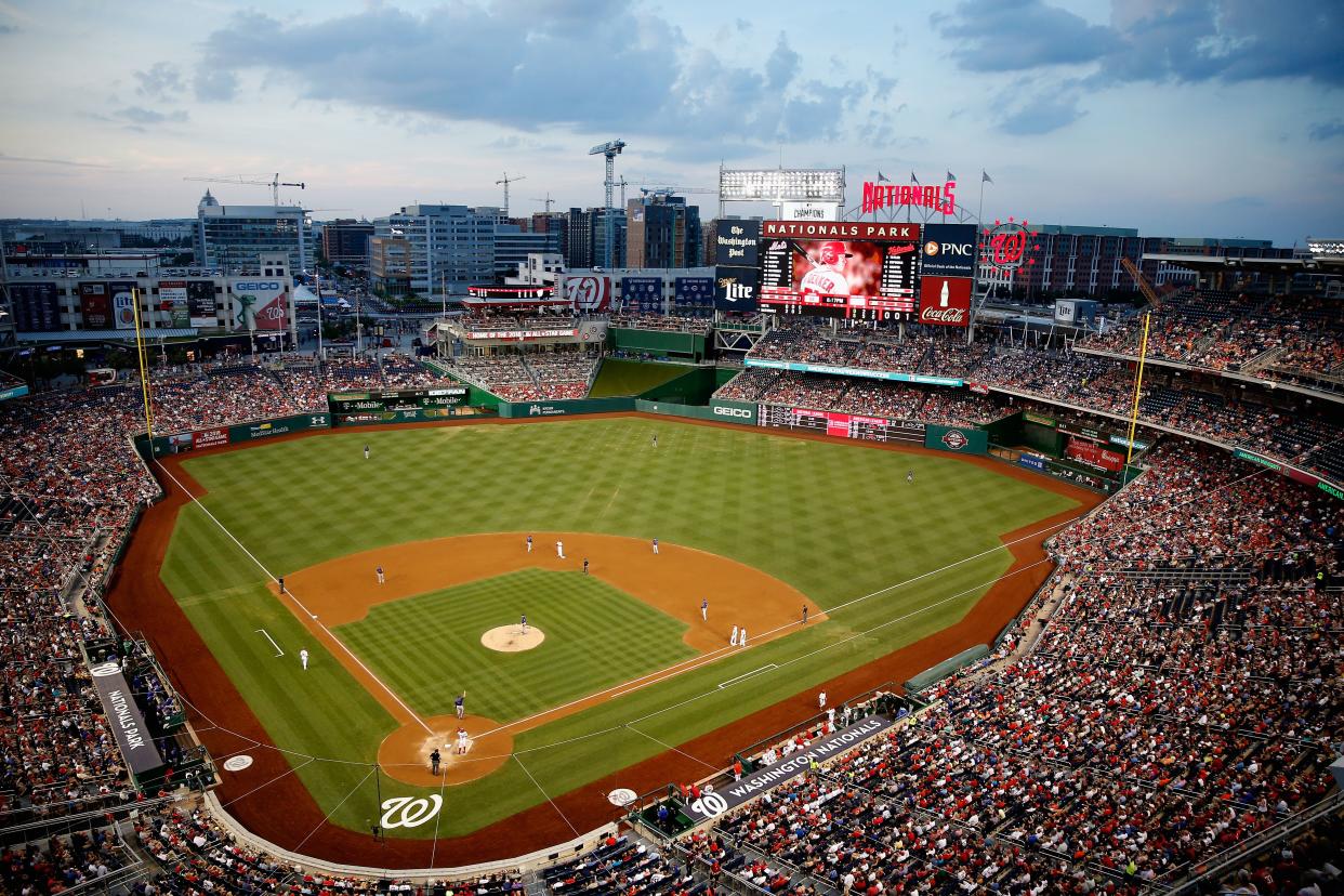 Aerial of a New York Mets vs. Washington Nationals game at Nationals Park, Washington, D.C., view of the field and crowds in the seats
