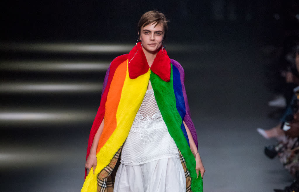 Original Burberry model, Cara Delevingne, closed Christopher Bailey’s final show for the label last night [Photo: Getty]