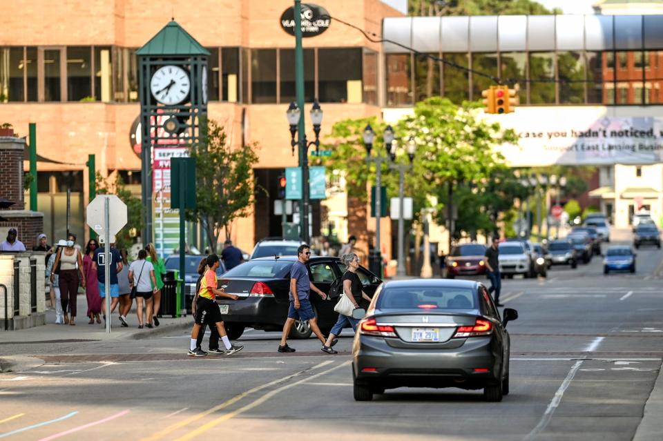 Traffic moves along Albert Avenue on Friday, Aug. 20, 2021, in downtown East Lansing after Albert EL Fresco was dismantled.