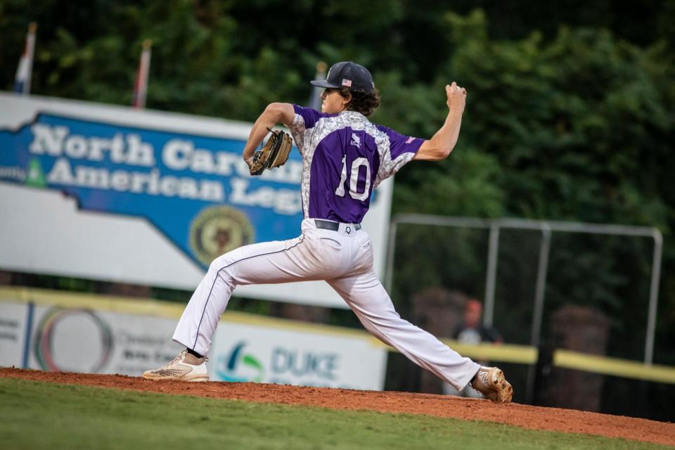 Shrewsbury's David Siciliano delivers Saturday night during Post 397's win over Camden, South Carolina, at the American Legion World Series.