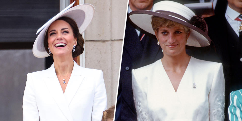 Kate Middleton's outfit at the queen's Platinum Jubilee looked very similar to an outfit Princess Diana wore in 1991. (Getty Images)