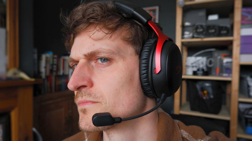 HyperX Cloud III Wireless gaming headset worn by a very dashing journalist.