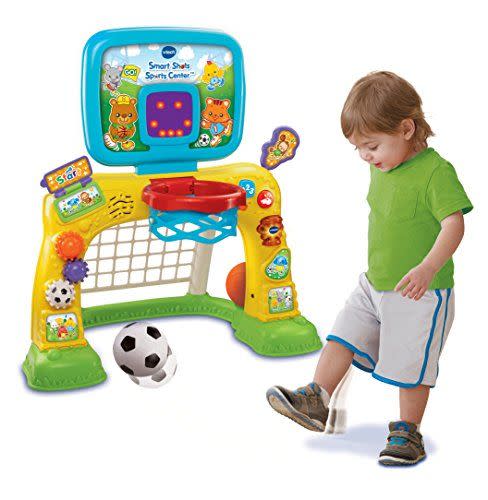 <p><strong>VTech</strong></p><p>amazon.com</p><p><strong>$44.99</strong></p><p><a href="https://www.amazon.com/dp/B01FVS6TGO?tag=syn-yahoo-20&ascsubtag=%5Bartid%7C10070.g.34346479%5Bsrc%7Cyahoo-us" rel="nofollow noopener" target="_blank" data-ylk="slk:Shop Now;elm:context_link;itc:0;sec:content-canvas" class="link ">Shop Now</a></p><p>This two-in-one sports center will keep your little one engaged and entertained for hours. It also features interactive buttons that teach shapes, numbers, and sounds.</p>